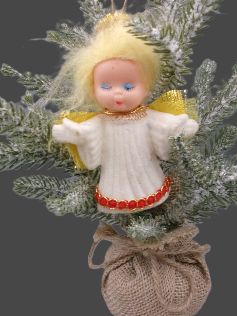 Vintage Blow Mold Plastic Angel Ornament, Yellow Hair, White Robe w/Red Trim